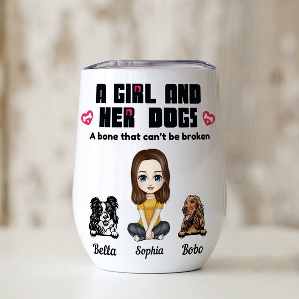 Personalized Watercolor Cartoon Character and 1-5 Dogs Design 12oz Insulated Wine Tumbler with Name and Spill-proof Lid Birthday Gift for Women Girls