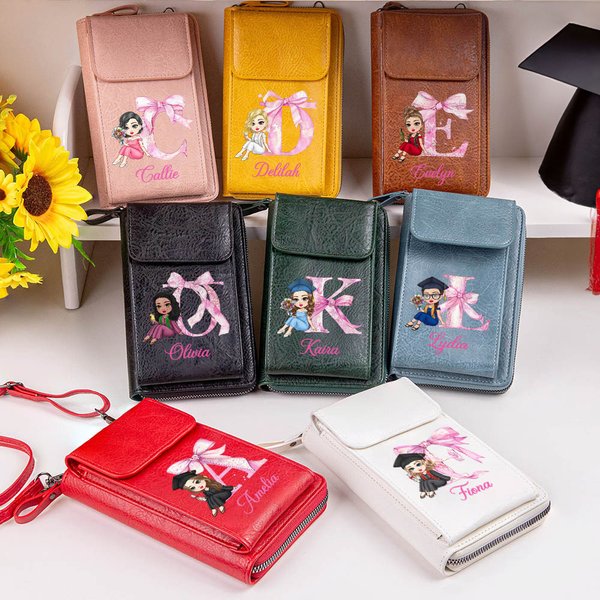 Personalisierte Cartoon Graduate Pink Bow Initial Leder Crossbody Bag Brieftasche mit Namen und Kartenschlitze Geburtstag Reisezubehör Geschenk für Frauen