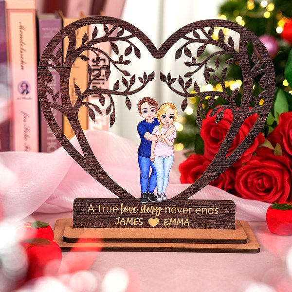 Personalised Cartoon Hugging Couple Heart Tree Wooden Plaque with Engraved Names Desktop Decor Valentine's Day Anniversary Gift for Couples