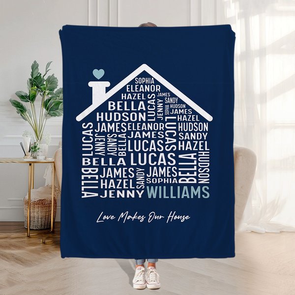 Manta familiar personalizada Love Makes Our House con 1-35 nombres y texto Regalo de cumpleaños del Día de la Madre para el abuelo la abuela