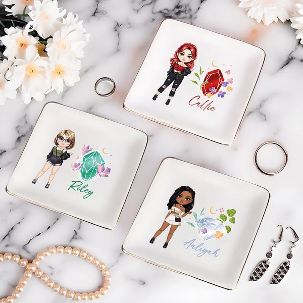 Personalised Cartoon Fashion Girl Birthstone Ceramic Trinket Jewellery Dish with Name Birthday Wedding Engagement Gift for Women