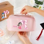 Personalised Cartoon Graduate Pink Bow Initial Leather Makeup Bag with Name Travel Accessories Birthday Graduation Gift for Women Girls