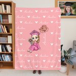 Personalisierte Cartoon Graduate Charakter Geburt Blume weiche Decke mit Namen Home Decor Graduation Geschenk für Frauen Mädchen
