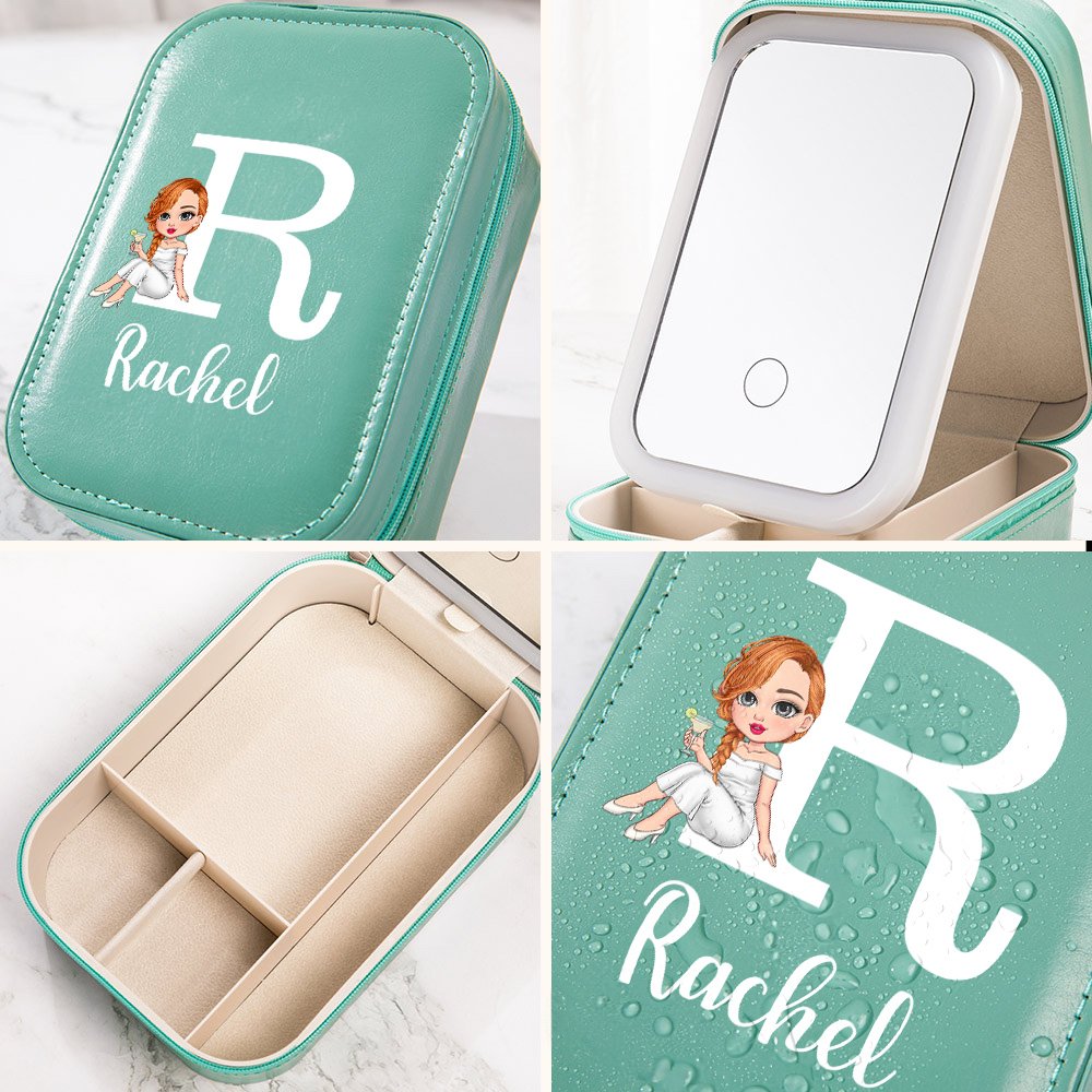 Graduación Personalizada Cartoon Character Travel Joyero con Nombre Cambio de Color LED Espejo de Maquillaje Graduación Cumpleaños Regalo para Mujeres 4