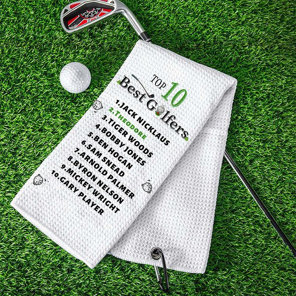 Gepersonaliseerde Top 10 Beste Golfers Sneldrogende 100% Katoenen Wafel Sporthanddoek met Opknoping Lus Cadeau voor Golfliefhebbers