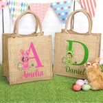 Personalisierte Gesicht Foto Cartoon Bunny Kostüm Jute Tragetasche mit Initialen und Namen Ostereierjagd Zubehör Geburtstag Party Geschenke für Kinder