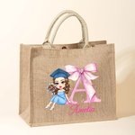 Personalisierte Cartoon Graduation Girl Pink Bow wiederverwendbare Jute Tasche mit Namen Tote Bag Graduierung Geburtstag Geschenk für Mädchen Freunde