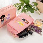 Personalised Cartoon Fashion Girl Birthstone Leather Makeup Pouch Bag with Name Portable Travel Essentials Birthday Bridesmaid Gift for Women