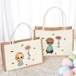 Personalized Cartoon Character Birth Flower Butterfly Jute Tote Bag with Name Travel Accessory Birthday Gift for Family Friends