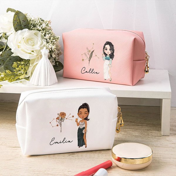Trousse personalizzata con nome, segno zodiacale e fiore di nascita - Regalo ideale per compleanni, anniversari e festa della mamma per donne