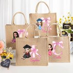 Personalisierte Cartoon Graduation Girl Pink Bow wiederverwendbare Jute Tasche mit Namen Tote Bag Graduierung Geburtstag Geschenk für Mädchen Freunde