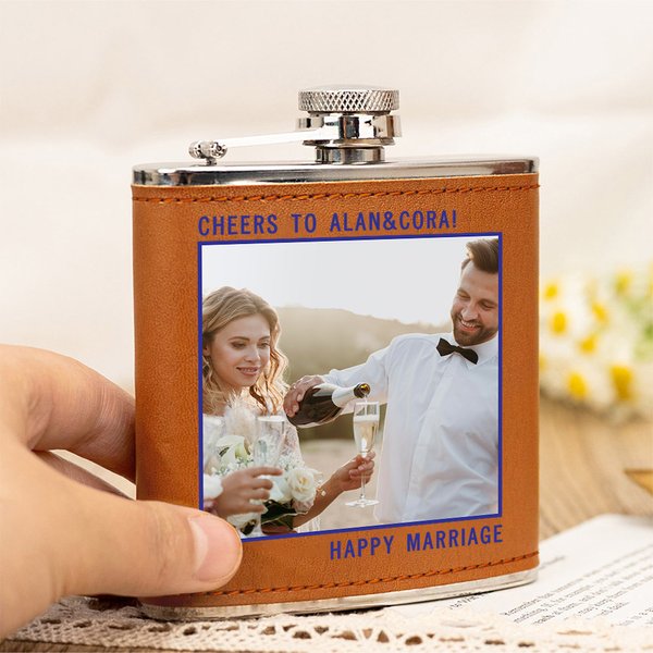 Gepersonaliseerde roestvrij staal 6oz lederen foto whiskyfles met tekst bruiloft Gunsten verjaardag Gift voor bruidegomsmannen likeur liefhebbers