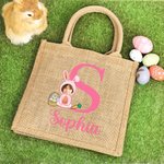 Personalisierte Gesicht Foto Cartoon Bunny Kostüm Jute Tragetasche mit Initialen und Namen Ostereierjagd Zubehör Geburtstag Party Geschenke für Kinder
