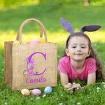 Personalisierte Gesicht Foto Cartoon Bunny Kostüm Jute Tragetasche mit Initialen und Namen Ostereierjagd Zubehör Geburtstag Party Geschenke für Kinder