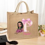 Personalisierte Cartoon Graduation Girl Pink Bow wiederverwendbare Jute Tasche mit Namen Tote Bag Graduierung Geburtstag Geschenk für Mädchen Freunde
