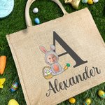 Personalisierte Gesicht Foto Cartoon Bunny Kostüm Jute Tragetasche mit Initialen und Namen Ostereierjagd Zubehör Geburtstag Party Geschenke für Kinder