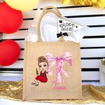 Personalisierte Cartoon Graduation Girl Pink Bow wiederverwendbare Jute Tasche mit Namen Tote Bag Graduierung Geburtstag Geschenk für Mädchen Freunde