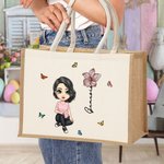 Personalized Cartoon Character Birth Flower Butterfly Jute Tote Bag with Name Travel Accessory Birthday Gift for Family Friends