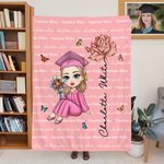 Personalized Cartoon Graduate Birth Flower Soft Throw Blanket with Repeating Names Multicolor Home Decor Birthday Graduation Gift for Women