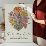 Personalisierte Geburtsblumen Strauß Familie Leinwandgemälde mit Namen und Text Muttertag Geburtstag Geschenk für Mama Oma