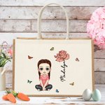 Personalized Cartoon Character Birth Flower Butterfly Jute Tote Bag with Name Travel Accessory Birthday Gift for Family Friends
