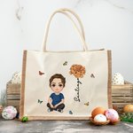 Personalized Cartoon Character Birth Flower Butterfly Jute Tote Bag with Name Travel Accessory Birthday Gift for Family Friends