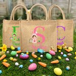 Personalisierte Gesicht Foto Cartoon Bunny Kostüm Jute Tragetasche mit Initialen und Namen Ostereierjagd Zubehör Geburtstag Party Geschenke für Kinder