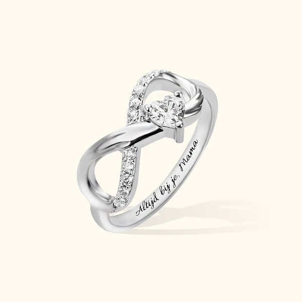 Gepersonaliseerde Engelvleugel Oneindigheid Ring met Hart Geboortesteen en Gegraveerde Tekst Verjaardag Jubileum Cadeau voor Haar