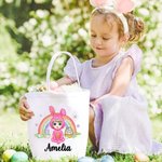Personalizzato fantasia coniglietto arcobaleno Onesie Cartoon Character Canvas Bucket Bag con nome Easter Egg Hunt Party Decor Candy Storage Gift per bambini