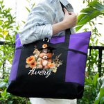 Personalized Cartoon Graduation Hat Bear Floral Large Zippered Tote Bag with Name Birthday Graduation Celebration Appreciation Gift for Women