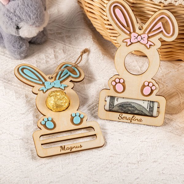 Personalized Cute Bow Bunny Wooden Easter Money Chocolate Holder Ornament with Engraved Name Holiday Basket Stuffers Birthday Gift for Kids