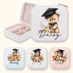 Henkilökohtainen sarjakuva Valmistuminen Hattu Bear Floral Kannettava nahka Travel korut laatikko nimi syntymäpäivä valmistumisen lahja naisille valmistuneet
