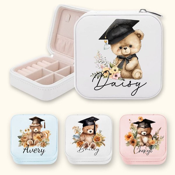 Henkilökohtainen sarjakuva Valmistuminen Hattu Bear Floral Kannettava nahka Travel korut laatikko nimi syntymäpäivä valmistumisen lahja naisille valmistuneet