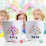 Personalizzato fantasia coniglietto arcobaleno Onesie Cartoon Character Canvas Bucket Bag con nome Easter Egg Hunt Party Decor Candy Storage Gift per bambini