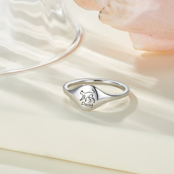 Personalized Cute Cat Dog Rabbit Line Drawing Animal Ring with Engraved Name Dainty Jewelry Birthday Anniversary Gift for Women