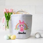 Personalizzato fantasia coniglietto arcobaleno Onesie Cartoon Character Canvas Bucket Bag con nome Easter Egg Hunt Party Decor Candy Storage Gift per bambini