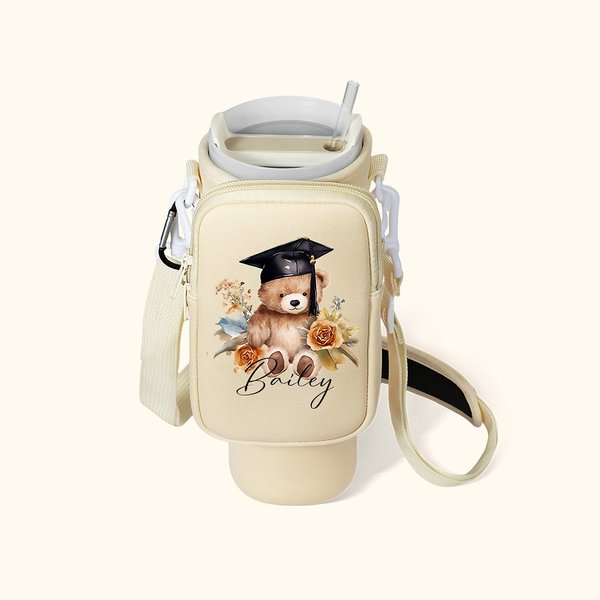 Personalized Graduation Hat Bear Floral Waterproof Water Bottle Carrier Bag for 40oz Stanley with Pouch Adjustable Strap Graduation Gift for Graduate