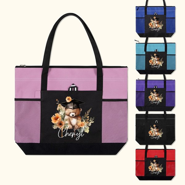 Personalized Cartoon Graduation Hat Bear Floral Large Zippered Tote Bag with Name Birthday Graduation Celebration Appreciation Gift for Women