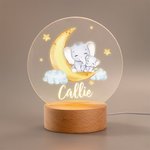 Luce notturna a LED personalizzata con nome motivo dell'elefante lunare con base in legno decorazione regalo per festa dei bambini