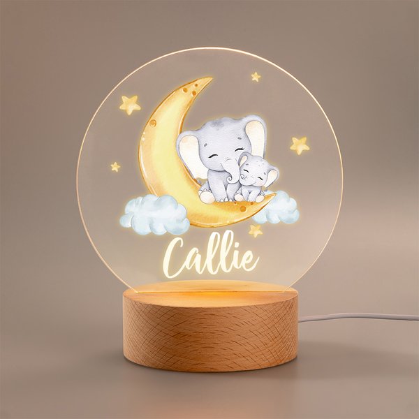 Luce notturna a LED personalizzata con nome motivo dell'elefante lunare con base in legno decorazione regalo per festa dei bambini