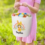 Personalizzato fantasia coniglietto arcobaleno Onesie Cartoon Character Canvas Bucket Bag con nome Easter Egg Hunt Party Decor Candy Storage Gift per bambini