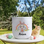Personalizzato fantasia coniglietto arcobaleno Onesie Cartoon Character Canvas Bucket Bag con nome Easter Egg Hunt Party Decor Candy Storage Gift per bambini