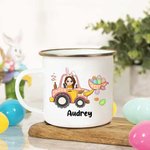 Personalisierte Ostern Cartoon Charakter Bagger 11oz Emaille Becher mit Namen Ostern Party Geschenk für Jungen Mädchen