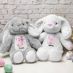 Personalised Pink Coquette Bow Initial Cute Easter Bunny Plush Stuffed Animal Toy with Name Easter Birthday Gift for Kids