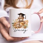 Personalized Cartoon Graduation Hat Bear Floral 11oz Ceramic Mug with Name Birthday Graduation Celebration Appreciation Gift for Graduates Classmates