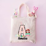 Personliga påskägg tecknad karaktär kanin öron initialt namn canvas tote väska påsk fest gynna gåva för pojkar flickor