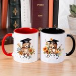 Personalized Cartoon Graduation Hat Bear Floral 11oz Ceramic Mug with Name Birthday Graduation Celebration Appreciation Gift for Graduates Classmates