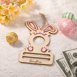 Personalized Cute Bow Bunny Wooden Easter Money Chocolate Holder Ornament with Engraved Name Holiday Basket Stuffers Birthday Gift for Kids