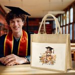 Personalised Cartoon Graduation Hat Bear Floral Jute Tote Bag with Name and Front Pocket Birthday Graduation Gift for Graduates