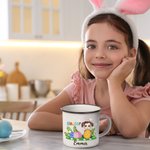 Spersonalizowany kubek wielkanocny Cute Easter Eggs Grassland Cartoon Character Name 11 oz Emaliowany kubek na imprezę Wielkanocny prezent dla dziewczynek i chłopców